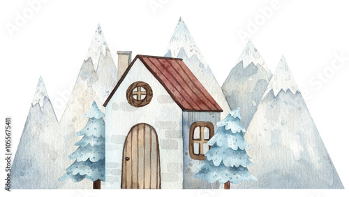 Christmas card winter winter scene - cozy house in mountain forest. Watercolor hand painted cartoon winter house for greeeting cards, postcards photo