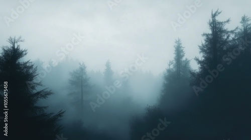 Mysterious and eerie ambiance in a shadowy forest shrouded in dense fog on an overcast day