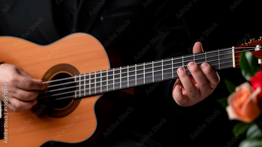 A close-up shot of hands playing an acoustic guitar, with intricate detailing of the strings and wood texture A close-up shot of hands playing an acoustic guitar, with intricate detailing of the strings and wood texture