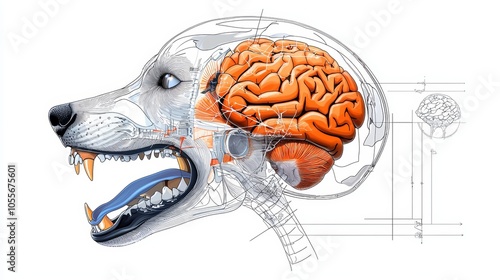 Sagittal View of Wolf Brain Illustration on White Background