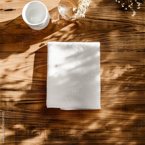 Flat lay mockup of a white linen tea towel on a wooden table with some decorations