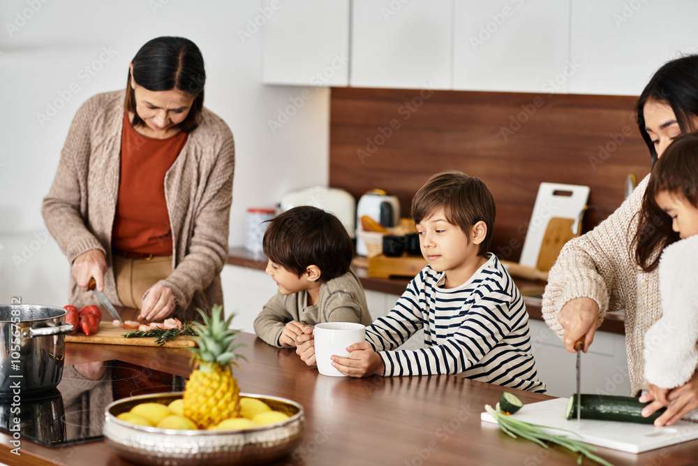 A joyful family preparing festive treats in a sleek kitchen, creating memories and holiday cheer together. A joyful family preparing festive treats in a sleek kitchen, creating memories and holiday cheer together.