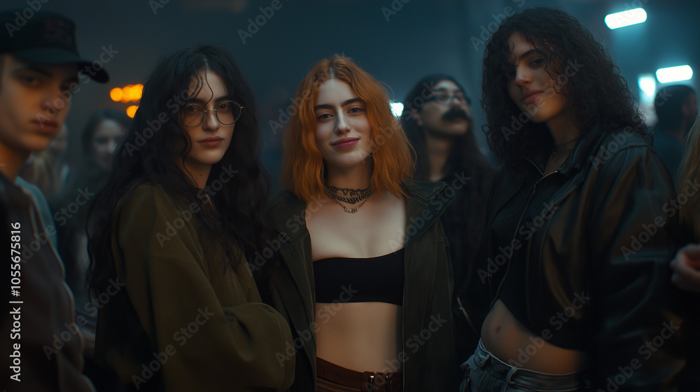 Youthful energy radiates from a trendy urban gathering at night, showcasing stylish outfits and vibrant interactions among friends Youthful energy radiates from a trendy urban gathering at night, showcasing stylish outfits and vibrant interactions among friends