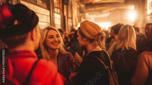 Evening gathering of friends enjoying lively conversations in a vibrant urban setting filled with warm lighting and laughter
