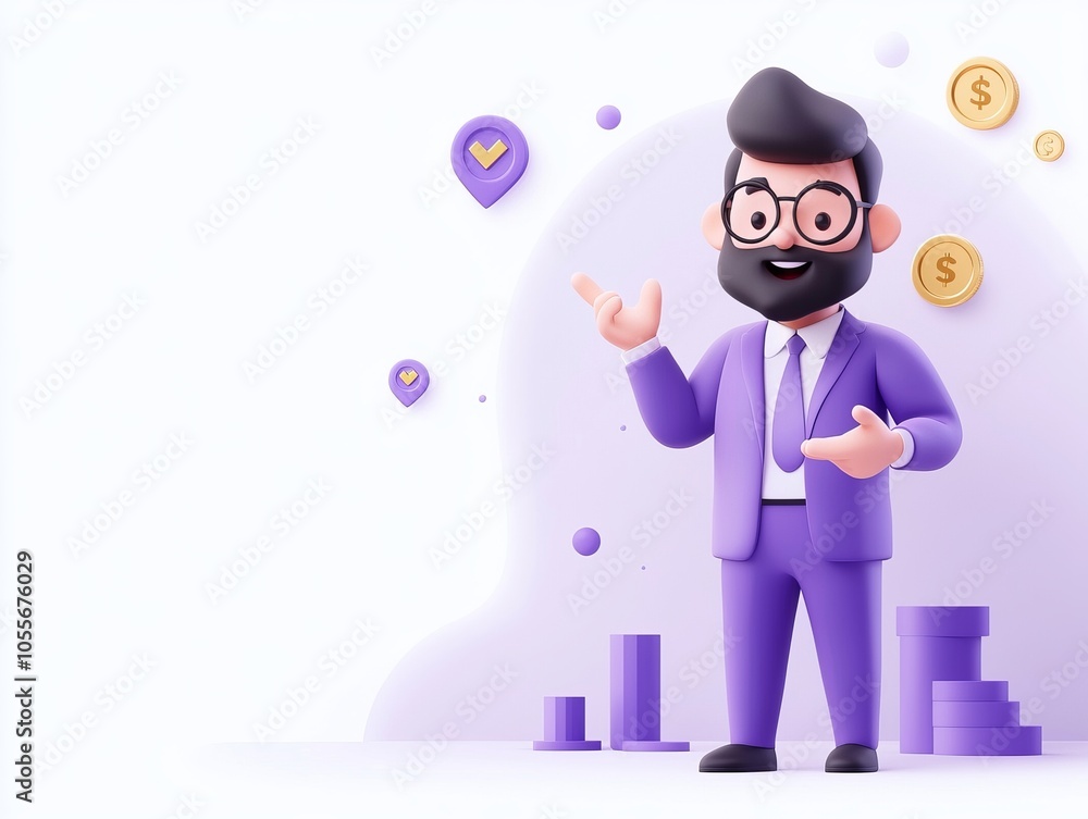 A cartoon businessman in a purple suit presenting financial concepts, surrounded by symbols of money and success. A cartoon businessman in a purple suit presenting financial concepts, surrounded by symbols of money and success.