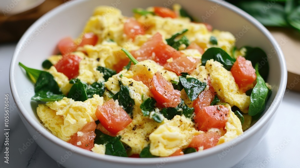 Scrambled eggs mixed with tomatoes and fresh spinach Scrambled eggs mixed with tomatoes and fresh spinach