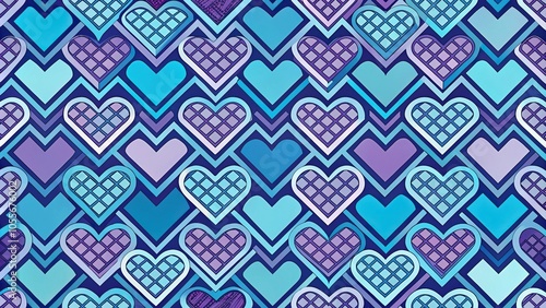 Geometric pattern of interlocking hearts in various sizes and shapes in shades of blue and purple, shape, pattern, design, colorful