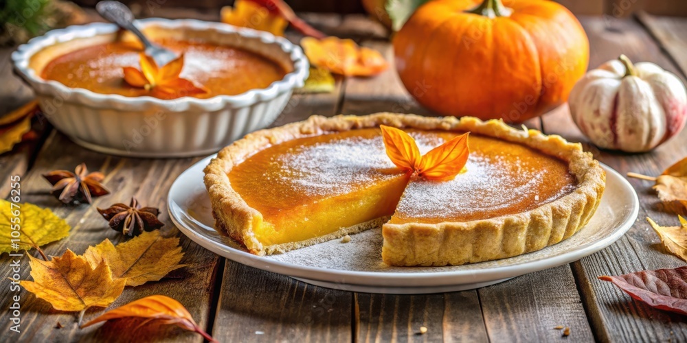 A slice of pumpkin pie with powdered sugar and fall leaves on a wooden table A slice of pumpkin pie with powdered sugar and fall leaves on a wooden table