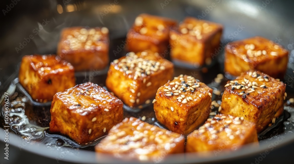 The process of frying sticky tofu a vegan soybean protein marinated in soy sauce and sesame oil garnished with sesame seeds The process of frying sticky tofu a vegan soybean protein marinated in soy sauce and sesame oil garnished with sesame seeds