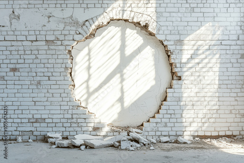 Broken Brick Wall with Oval Hole and Sunlight