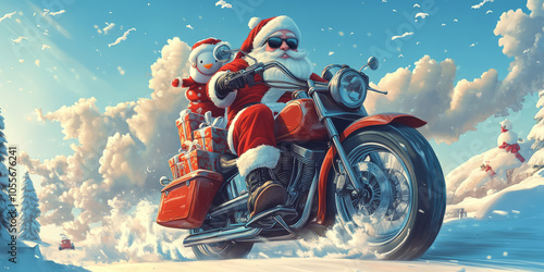 A Santa Claus biker soars through the sky on a sleek, chrome motorcycle to deliver a Christmas joys,Christmas Background,Generated By Ai photo