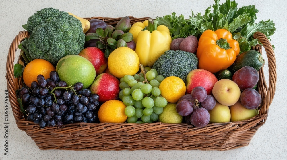 Mixed fruits and veggies in a basket, top view, with ample room for healthy eating text Mixed fruits and veggies in a basket, top view, with ample room for healthy eating text