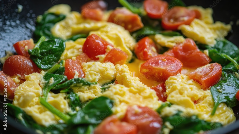 Scrambled eggs mixed with tomatoes and fresh spinach Scrambled eggs mixed with tomatoes and fresh spinach