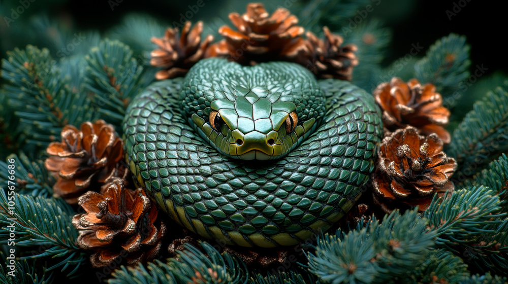 Green snake in decorated Christmas tree branches Green snake in decorated Christmas tree branches