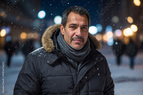 Portrait of middle-aged Venezuelan man in winter coat, snow-covered night city background