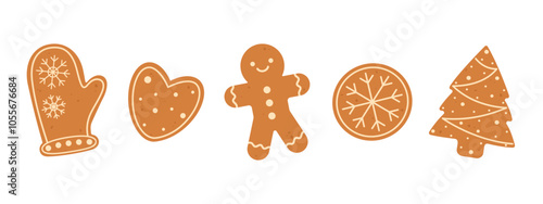 Christmas gingerbread cookies set. Winter homemade xmas sweets in shape of gingerbread man and mitten, tree and snowflake. Flat vector isolated illustration