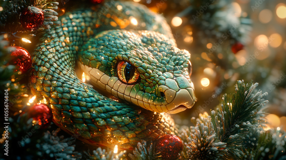 Green snake in decorated Christmas tree branches Green snake in decorated Christmas tree branches