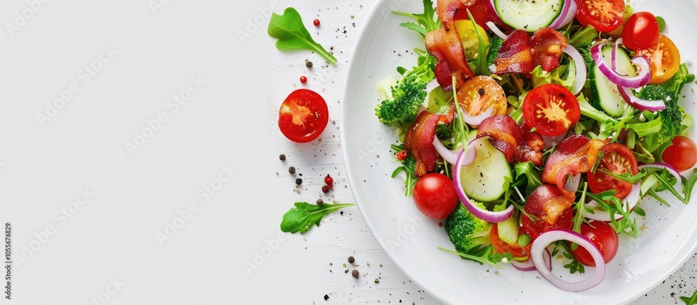 Salad With Fried Bacon And Vegetables On A White Plate On A White Background Salad With Fried Bacon And Vegetables On A White Plate On A White Background