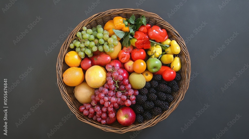 Mixed seasonal fruits and vegetables in a basket, top view, with ample room for copy Mixed seasonal fruits and vegetables in a basket, top view, with ample room for copy