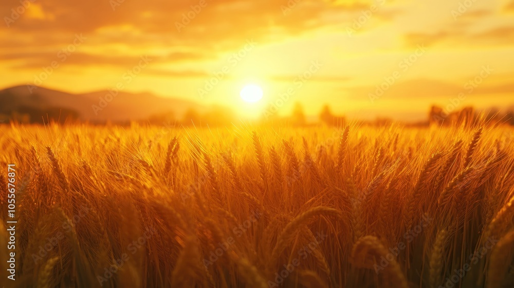 Scenic agricultural landscape featuring wheat fields at sunset showcasing the beauty of nature and the golden hues of harvest time Scenic agricultural landscape featuring wheat fields at sunset showcasing the beauty of nature and the golden hues of harvest time