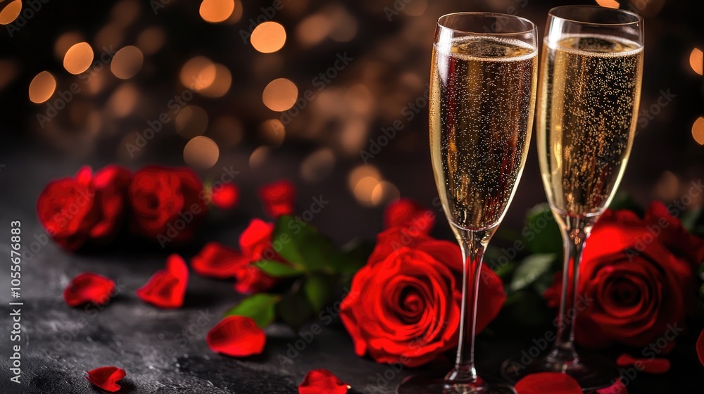 Romantic background featuring champagne glasses and vibrant red roses for special occasions Romantic background featuring champagne glasses and vibrant red roses for special occasions
