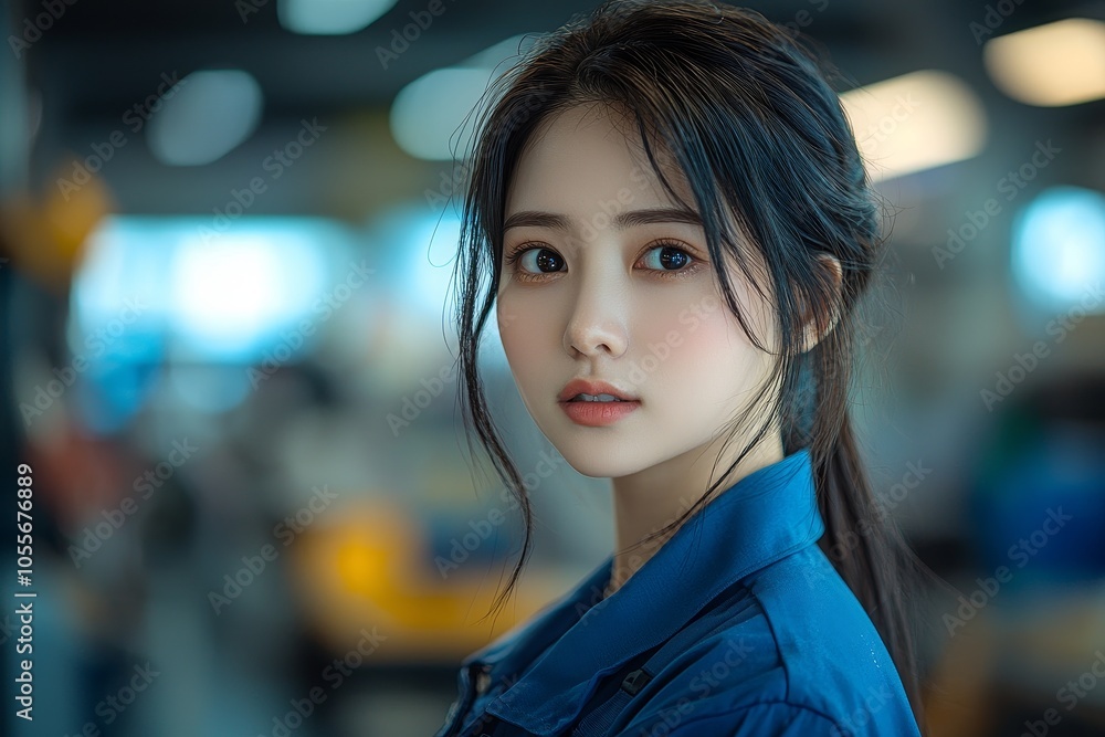 Portrait of young woman in blue jacket with soft focus background Portrait of young woman in blue jacket with soft focus background