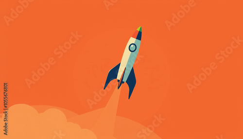 Minimalist Business Launch Pad Concept with Rocket Ship Taking Off, Symbolizing Idea Takeoff