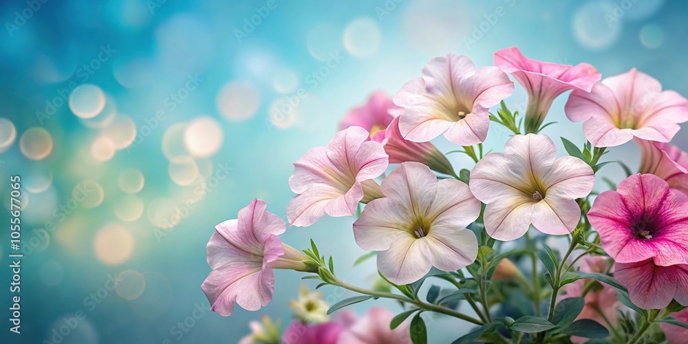 Soft petunia blooms in a delicate watercolor style against a muted blue background, flowers, soft focus Soft petunia blooms in a delicate watercolor style against a muted blue background, flowers, soft focus
