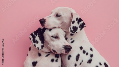 Two Dalmatian dogs cuddle lovingly against a gentle pink backdrop