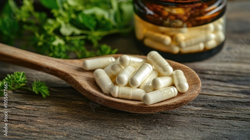 Health benefits of vitamin K supplements White capsules of vitamin K phylloquinone in a wooden spoon with a bottle of tablets and green herbs in the background photo