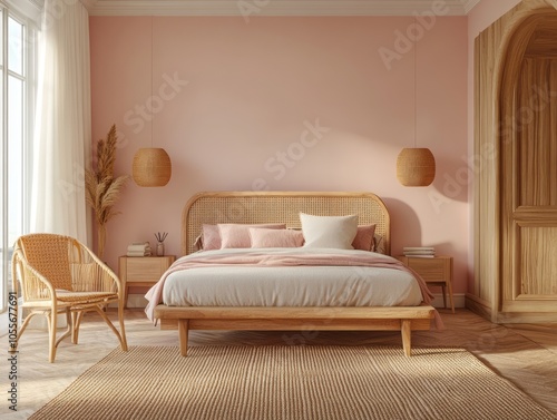 Soft pink walls, light wood furniture, and clean lines create a serene and modern bedroom design