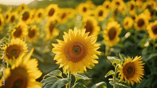 Lush sunflower field filled with tall yellow blossoms in full bloom