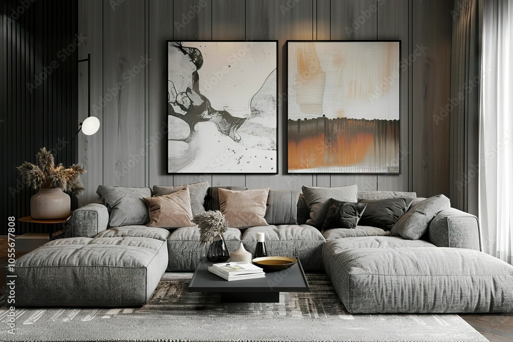 Scandi living room interior with grey big sofa in the center and modern picture on the wall Scandi living room interior with grey big sofa in the center and modern picture on the wall