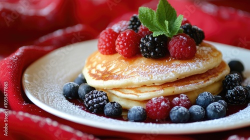 Plate of pancakes topped with fresh fruit and berries sitting on a vibrant red cloth