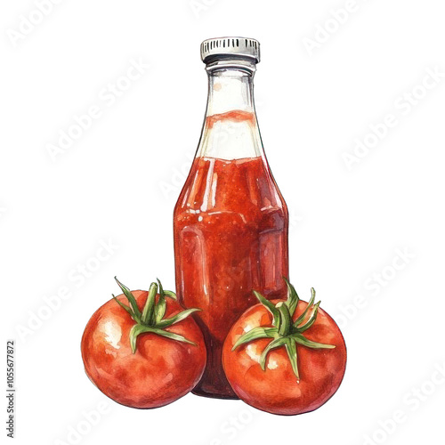 Collection of PNG. Watercolor painting of a glass bottle of tomato ketchup with red tomatoes, isolated on a transparency background.