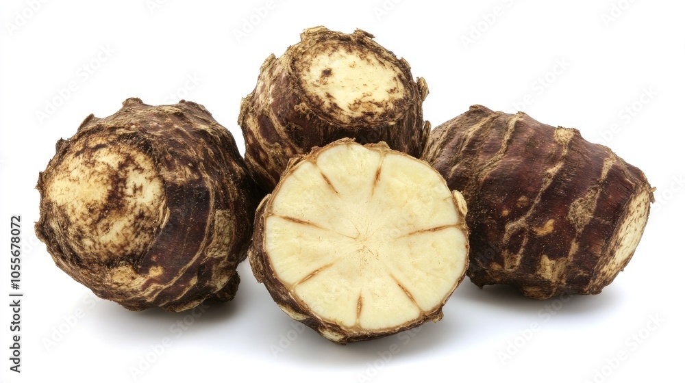 Taro root displayed on a white background Taro root displayed on a white background