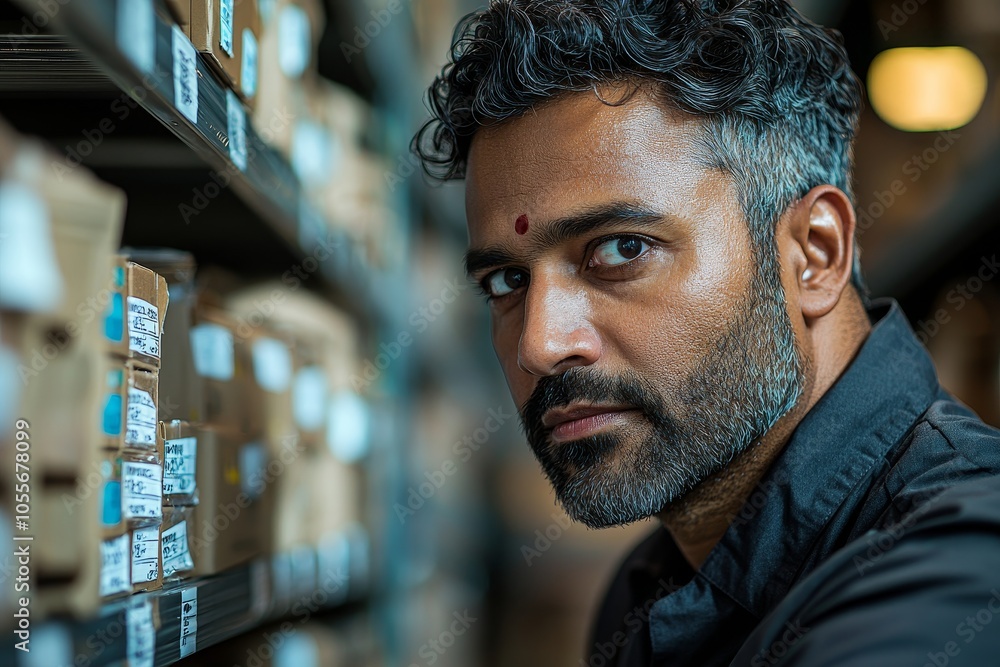 Focused man with beard and bindi in warehouse setting Focused man with beard and bindi in warehouse setting