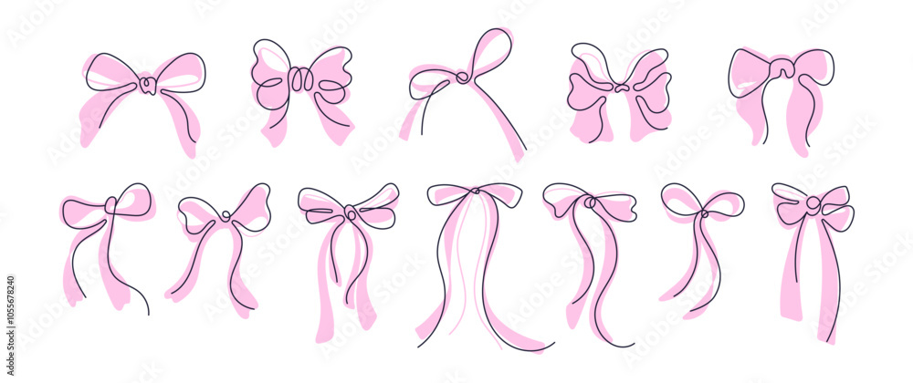 Bow set. Hand drawn ribbons, silk bows for gifts Bow set. Hand drawn ribbons, silk bows for gifts