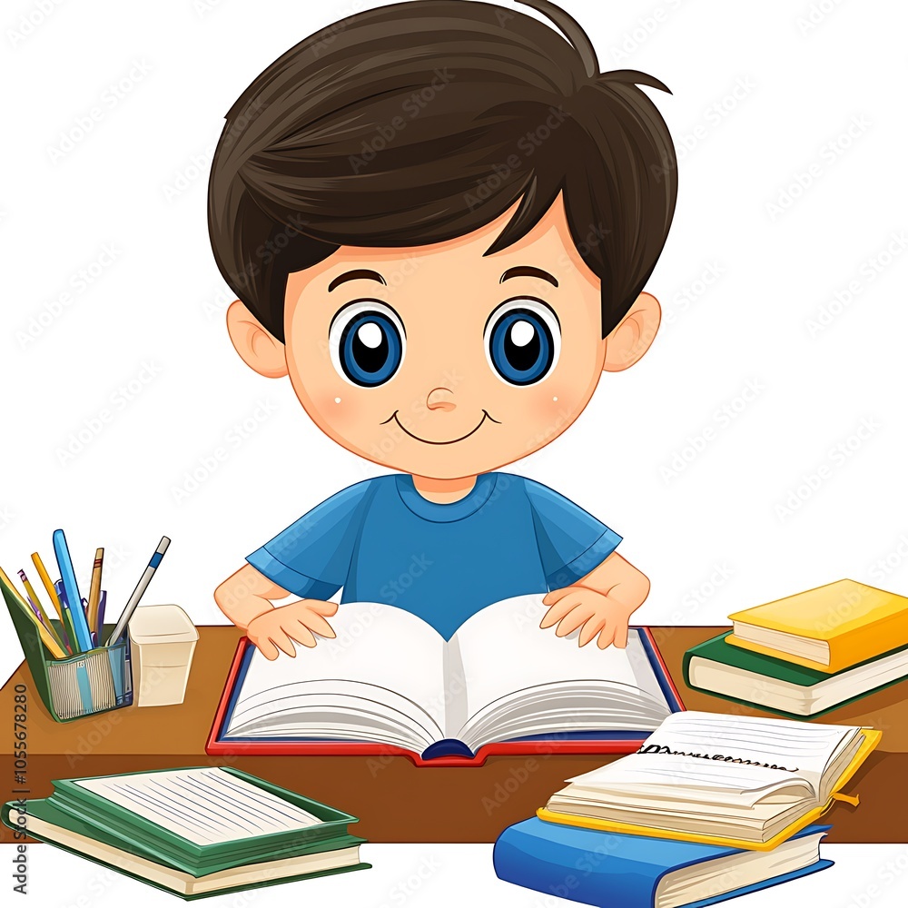 Cartoon kid studying diligently at a desk with books around on a white background. Cartoon kid studying diligently at a desk with books around on a white background.