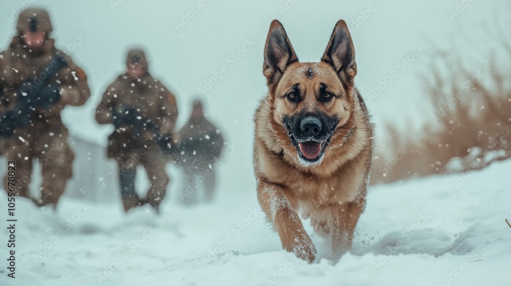 A German Shepherd dog runs through snow while soldiers follow closely behind, creating a sense of teamwork in a winter environment. A German Shepherd dog runs through snow while soldiers follow closely behind, creating a sense of teamwork in a winter environment.