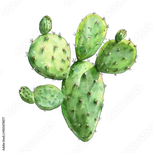 Collection of PNG. Watercolor painting of a prickly pear cactus, isolated on a transparency background.