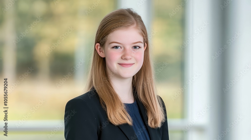 Laughing young woman in business attire looking to the side in a contemporary workspace, suggesting positivity and success. Laughing young woman in business attire looking to the side in a contemporary workspace, suggesting positivity and success.