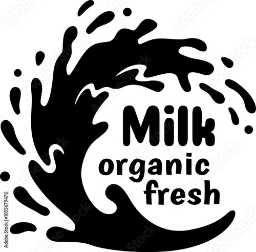 Black and white logo with milk splashing and forming a circle, conveying a sense of freshness and purity, ideal for promoting organic dairy products