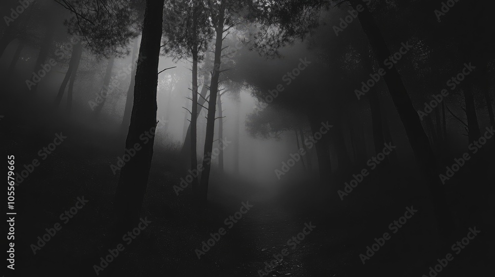 Fototapeta premium Mysterious and eerie ambiance in a shadowy forest shrouded in dense fog on an overcast day
