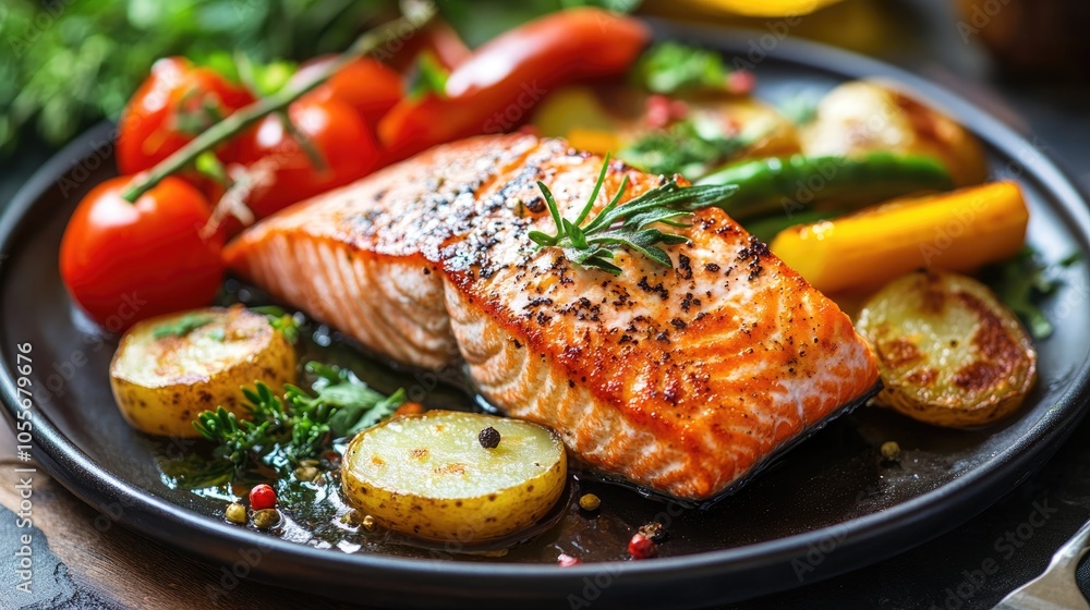 Savor a Delicious Salmon and Potato Dish Accompanied by Fresh Garden Vegetables Savor a Delicious Salmon and Potato Dish Accompanied by Fresh Garden Vegetables
