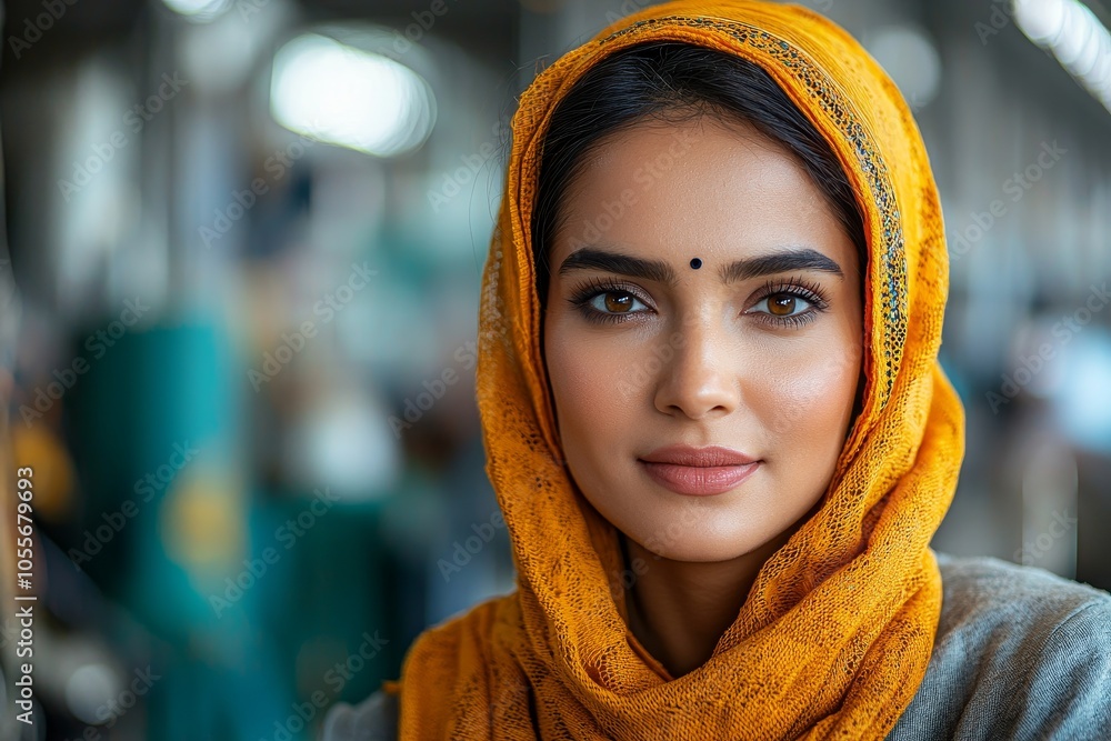 Confident young woman in yellow hijab with focused gaze in urban background Confident young woman in yellow hijab with focused gaze in urban background