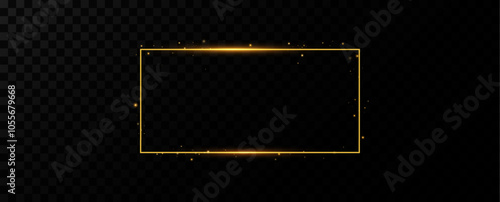 Golden rectangular light frame. Vector golden frame with light effects. Golden glow line frame with sparks and spotlight light effects.