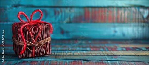 Gift Box And Red Wicker Heart On A Blue Wooden Background photo