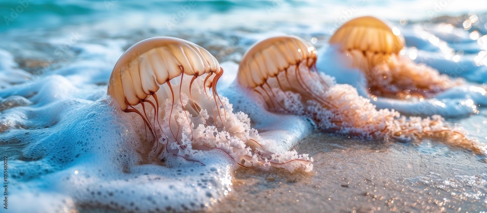 Obraz premium Jellyfish With White Foam Blue Ocean Waves On Tropical Summer Sand Beach