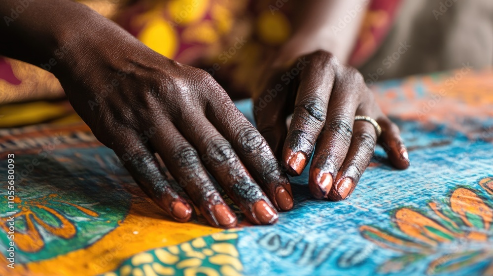 Close up of hands applying ink to traditional textiles using African fabric printing techniques Close up of hands applying ink to traditional textiles using African fabric printing techniques